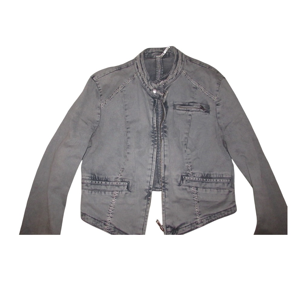 Free People Washed Gray Cropped Moto Jacket Whipstitch Military Twill Small